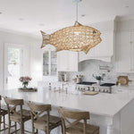 Creative Artistic Fish Pendant Lights Hand Woven Rattan Hanging Lamps Light Fixtures - GardenDecorNmore.com