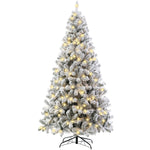 7.5ft Pre-lit Artificial Christmas Tree Flocked; Hinged, LED White Lights; Reinforced Metal Base