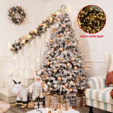 7.5ft Pre-lit Artificial Christmas Tree Flocked; Hinged, LED White Lights; Reinforced Metal Base