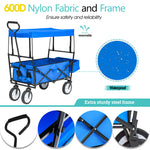 Collapsible Wagon Folding Cart with Canopy Beach Garden Outdoor Sport Utility Cart Wheels Adjustable Handle Rear Storage