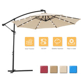 10 FT Solar LED Patio Outdoor Hanging Cantilever Umbrella Offset Easy Open  24 LED Lights - tan