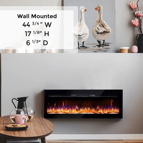 48" Electric Fireplace, Recessed & Wall Mounted, Bracket,Thin, Remote,Timer, Crystal, Adjustable Flame Color, 1500W, Black