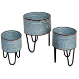 Round Galvanized Metal Planters with Hairpin Legs, Gray and Black