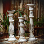 Benzara Distressed Finish Wooden Pillar Shaped Candleholder; Set of 3; White