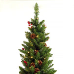 Artificial Slim Christmas Tree Pre-lit Pencil Skinny Fir Tree with Cones and Berries 7.5ft foldable metal stand