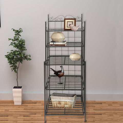 5 Tier Storage Metal Bakers Rack with Scrollwork Top, Gunmetal Gray