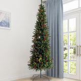 Artificial Slim Christmas Tree Pre-lit Pencil Skinny Fir Tree with Cones and Berries 7.5ft foldable metal stand