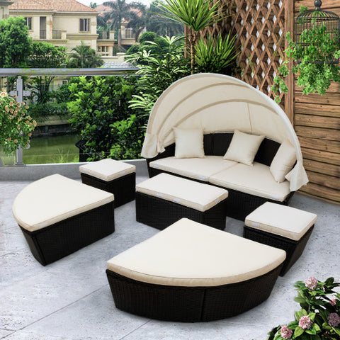 Outdoor rattan Clamshell daybed sunbed Retractable Canopy Wicker patio Furniture Round Sectional black  with Cushions