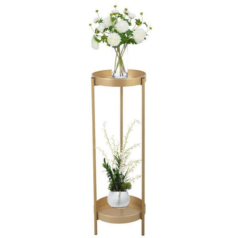 Modern Folding Metal 2-Tier Plant Stand Holder Shelf with 2 Round Trays Indoor Outdoor, Golden