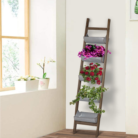 Garden 5 Tier Wood and Metal Ladder Planter, Brown and Silver