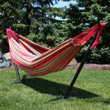 Red Striped cotton hammock set with black steel bracket 6.7*5 feet polyester storage bag, 450 pounds, courtyard party outskirts RT