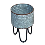 Round Galvanized Metal Planters with Hairpin Legs, Gray and Black