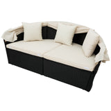 Outdoor rattan Clamshell daybed sunbed Retractable Canopy Wicker patio Furniture Round Sectional black  with Cushions