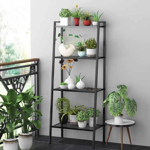 Multifunctional Metal 4 Shelf Bookcase;  Ladder-Shaped Plant Flower Stand Rack Storage Shelves