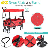 Collapsible Wagon Folding Cart with Canopy Beach Garden Outdoor Sport Utility Cart Wheels Adjustable Handle Rear Storage