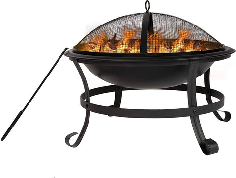 Bosonshop 22'' Outdoor Wood Burning BBQ Grill Firepit Bowl Round Steel Mesh Spark Screen Cover Fire Poker Patio Bonfire Backyard Camping