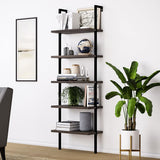 5-Tier Shelf Modern Wood Ladder Bookcase with Metal Frame, Industrial