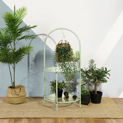 Glass Top End Table with Storage, Round Multi-Tiered Plant or Pie Stand