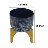 12 Inch Artisanal Industrial Round Hammered Metal Planter Pot, Wood Stand; Blue