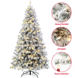 7.5ft Pre-lit Artificial Christmas Tree Flocked; Hinged, LED White Lights; Reinforced Metal Base