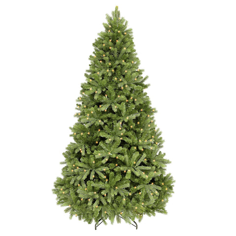 Pre-Lit Artificial Christmas Tree;  Green;  Carolina Pine Spruce;  White Lights;  Includes Stand; 7.5 ft Tall