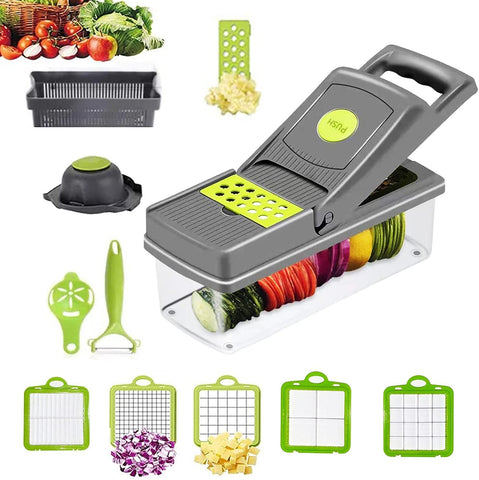 11 in1 Multifunctional Veggie Chopper cheese grater Kitchen Gadget with Container - Grey