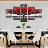 Canvas Wall Art Decor Red Tree with Moon, Black and White Large Landscape Pictures, 5 Piece set