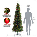 Artificial Slim Christmas Tree Pre-lit Pencil Skinny Fir Tree with Cones and Berries 7.5ft foldable metal stand