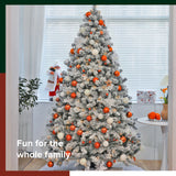 7.5ft Pre-lit Artificial Christmas Tree Flocked; Hinged, LED White Lights; Reinforced Metal Base