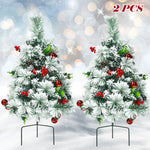 Set of 2 Outdoor 24 Inch Battery Powered Pre-lit Pathway Flocked Christmas Trees