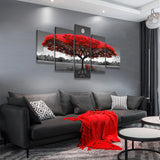 Canvas Wall Art Decor Red Tree with Moon, Black and White Large Landscape Pictures, 5 Piece set