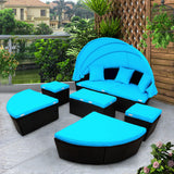 Outdoor rattan Clamshell daybed sunbed Retractable Canopy Wicker patio Furniture Round Sectional black  with Cushions