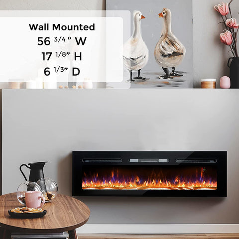 60" Electric Fireplace, Recessed & Wall Mounted with Bracket,Thin, Low Noise, Remote Control,Timer, Adjustable Flame Color, 1500W, Black