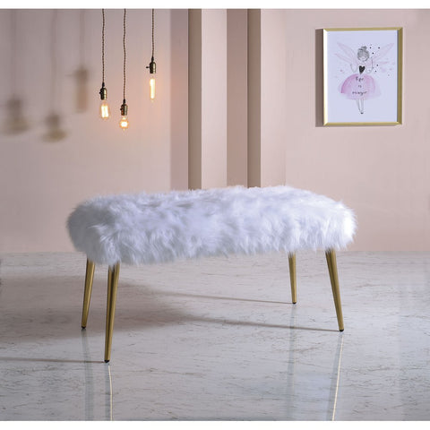 ACME Bagley II Bench in White Faux Fur & Gold stool