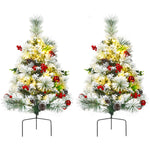 Set of 2 Outdoor 24 Inch Battery Powered Pre-lit Pathway Flocked Christmas Trees