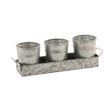 Galvanized Set of Three small windowsill Planters With Tray; Gray