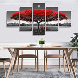 Canvas Wall Art Decor Red Tree with Moon, Black and White Large Landscape Pictures, 5 Piece set