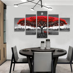 Canvas Wall Art Decor Red Tree with Moon, Black and White Large Landscape Pictures, 5 Piece set