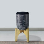 8 Inch Artisanal Industrial Round Hammered Metal Planter Pot with Wood Arch Stand; Midnight Blue