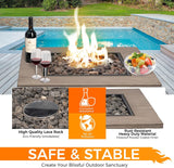 28" Square 48000 BTU Outdoor Propane Gas Fire Pit Table, Quick Auto Ignition, Faux Wood Table Top with Lid, Lava Rocks