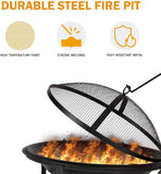 Bosonshop 22'' Outdoor Wood Burning BBQ Grill Firepit Bowl Round Steel Mesh Spark Screen Cover Fire Poker Patio Bonfire Backyard Camping