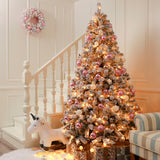 7.5ft Pre-lit Artificial Christmas Tree Flocked; Hinged, LED White Lights; Reinforced Metal Base