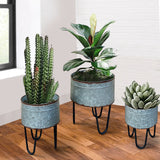 Round Galvanized Metal Planters with Hairpin Legs, Gray and Black