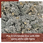 7.5ft Pre-lit Artificial Christmas Tree Flocked; Hinged, LED White Lights; Reinforced Metal Base