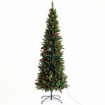 Artificial Slim Christmas Tree Pre-lit Pencil Skinny Fir Tree with Cones and Berries 7.5ft foldable metal stand