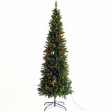 Artificial Slim Christmas Tree Pre-lit Pencil Skinny Fir Tree with Cones and Berries 7.5ft foldable metal stand