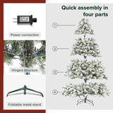 7.5ft Pre-lit Artificial Christmas Tree Flocked; Hinged, LED White Lights; Reinforced Metal Base