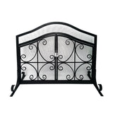 43 Inches 2 Door Iron Fireplace Screen; Mesh Design; Scrollwork; Black; DunaWest