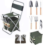 9 PCS Garden Tools Set Ergonomic Wooden Handle Sturdy Stool, Detachable Tool Kit , multi-use Gardening