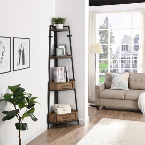 Corner Shelf with Two Drawers 72.64\'\' Tall; 4-tier Industrial Bookcase; Black